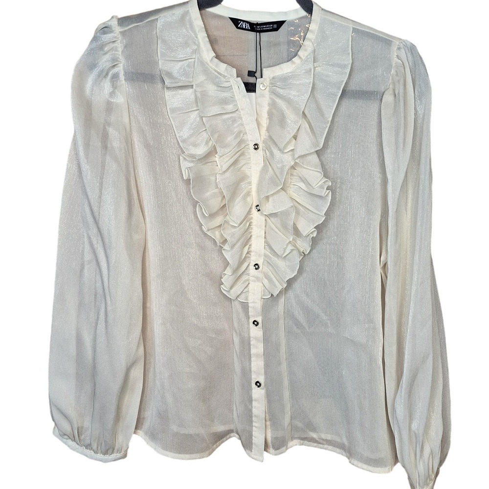 Zara Cream Puff Sleeve Ruffled Blouse